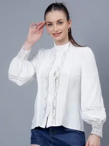 Albion Band Collar Cuffed Sleeves Lace Inserts Shirt Style Top