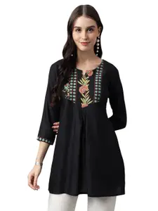 Nimayaa Floral Printed Notched Neck Three-Quarter Sleeves Sequined Pleated A-Line Kurti