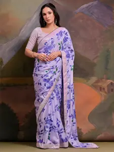 Anouk Lavender Floral Printed Sequinned Pure Chiffon Saree