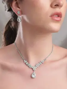 Rubans Rhodium-Plated Crystal-Studded Necklace & Earrings