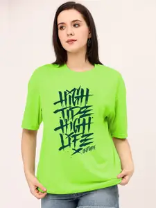 Leotude Women Typography Printed Drop-Shoulder Sleeves Oversized Fit Cotton Casual T-shirt