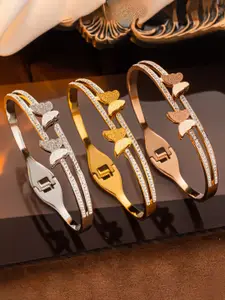 Jewels Galaxy Set Of 3 American Diamond-Studded Butterfly Charm Bangle-Style Bracelets