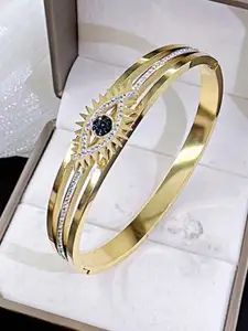 Jewels Galaxy Gold Plated AD Studded Stainless Steel Evil Eye Bangle Style Bracelet
