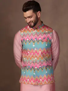 KISAH Men Printed Zari  Regular Fit Nehru Jacket