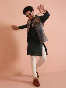 KISAH Men Abstract Printed Regular Fit Kurta Jacket Churidar Set