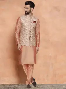 KISAH Men Kantha Printed Regular Fit Kurta Jacket Churidar Set