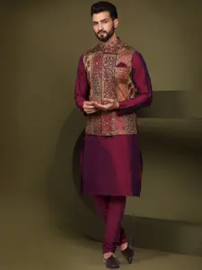KISAH Mandarin Collar Straight Kurta With Churidar & Nehru Jacket