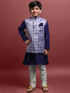 VESHAM Boys Floral Woven Design Kurta With Churidar & Nehru Jacket