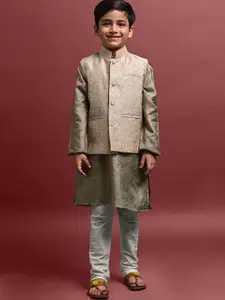 VESHAM Boys Mandarin Collar Kurta with Pyjamas & Embroidered Nehru Jacket