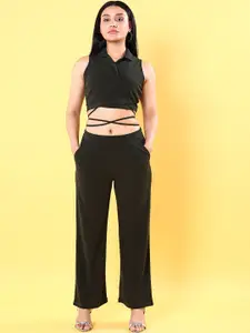 Freehand Drak Olive Shirt Collar Tie Up Wrap Crop Top  Trousers