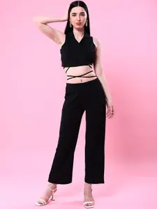 Freehand Black Notched Lapel Collar Crop Top With Trousers
