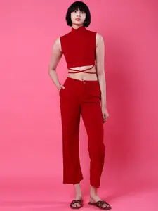 Freehand Red High Neck Tie Up Top  Flared Trouser