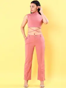 Freehand Peach-Coloured High Neck Crop Top With Trousers
