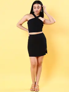 Freehand Black Halter Neck Crop Top With Mini Skirt