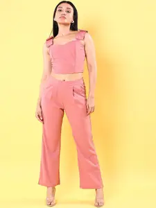 Freehand Peach-Coloured Shoulder Straps Crop Top With Trousers