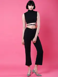 Freehand Black High Neck Crop Top With Trousers