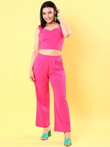 Freehand Pink Shoulder Straps Crop Top With Trousers