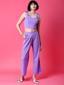 Freehand Purple Shoulder Straps Crop Top With Trousers