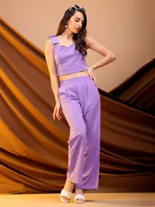Freehand by The Indian Garage Co Purple Shoulder Straps Crop Top With Trousers