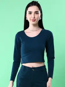 Freehand Green Round Neck Long Sleeves Styled Back Top
