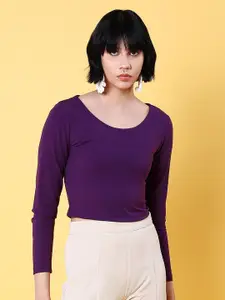 Freehand Purple Round Neck Long Sleeves Styled Back Top