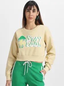 JUNEBERRY Typography Printed Crew Neck Fleece Cropped Pullover Sweatshirt
