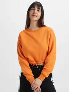 JUNEBERRY Drop-Shoulder Sleeves Crop Pullover Fleece Sweatshirt