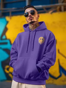 VEIRDO Purple Graphic Printed Hooded Fleece Oversized Pullover
