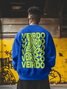VEIRDO Blue & Green Typography Printed Fleece Sweatshirt