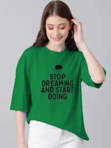 Kotty Green & Black Typography Printed Drop Shoulder Sleeves Oversized Casual T-Shirt