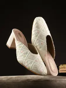 Anouk Cream-Coloured Ethnic Embellished Mules Block Heels