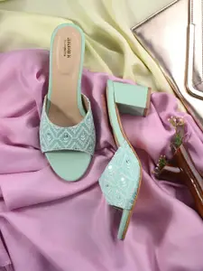 Anouk Sea Green Ethnic Embellished Block Heels