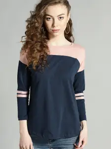Roadster Women Navy Blue Colourblocked Round Neck Pure Cotton T-shirt