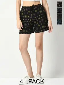 IndiWeaves Women Pack Of 4 Printed High-Rise Cotton Regular Shorts
