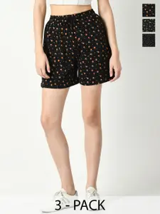 IndiWeaves Pack Of 3 Floral Printed High-Rise Cotton Shorts