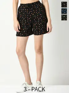 IndiWeaves Pack of 3 Women Conversational Printed Cotton High-Rise Shorts