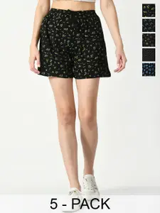 IndiWeaves Pack of 5 Women Conversational Printed High-Rise Cotton Shorts