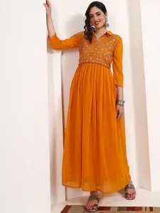 Sangria Shirt Collar Embroidered Georgette Ethnic Dresses