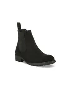 Bruno Manetti Women Black Solid Suede Heeled Boots