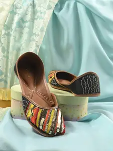 Anouk Black & Gold Toned Ethnic Fabric Square Toe Embroidered Mojaris