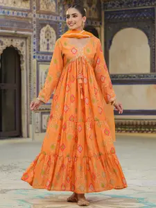 SCAKHI Bandhani Printed V-Neck Gathered Maxi Ethnic Dress With Dupatta