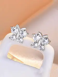 Jewels Galaxy Silver Plated American Diamond-Studded Butterfly Shape Studs Earrings