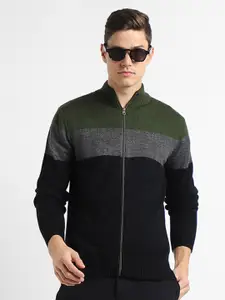 Dennis Lingo Colourblocked Mock Collar Long Sleeves Acrylic Cardigan Sweater