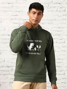 NOBERO Men Olive Green Printed Hooded Sweatshirt