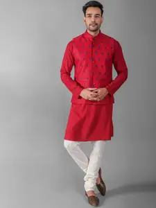VESHAM Mandarin Collar Red Regular Kurta With Churidar & Nehru Jacket
