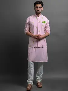 VESHAM Mandarin Collar Straight Kurta With Churidar & Nehru Jacket