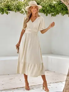 StyleCast Off White Self Designed V-Neck A-Line Midi Dress