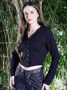 Sera Black Shirt Collar Long Sleeves Top