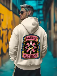 VEIRDO Beige Graphic Printed Hooded Fleece Pullover