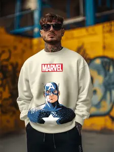 VEIRDO Marvel Beige Captain America Graphic Printed Hooded Fleece Pullover Sweatshirt